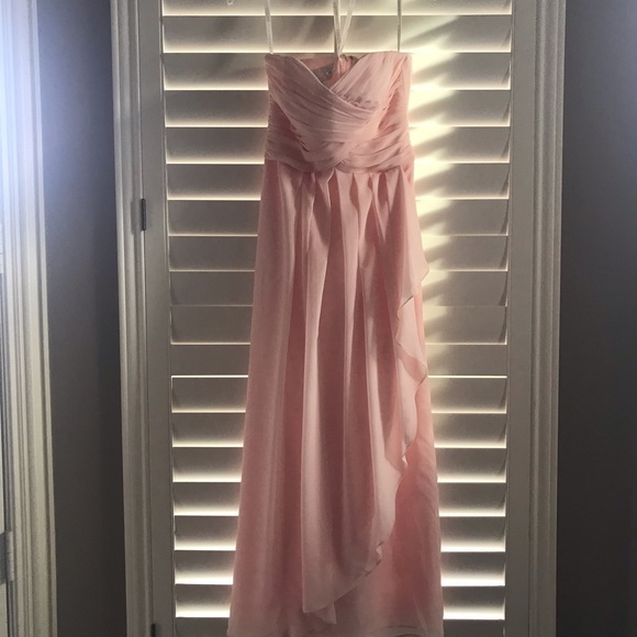 David’s Bridal • Strapless Crinkle Chiffon Dress with Cascade Skirt in Petal - Picture 7 of 10